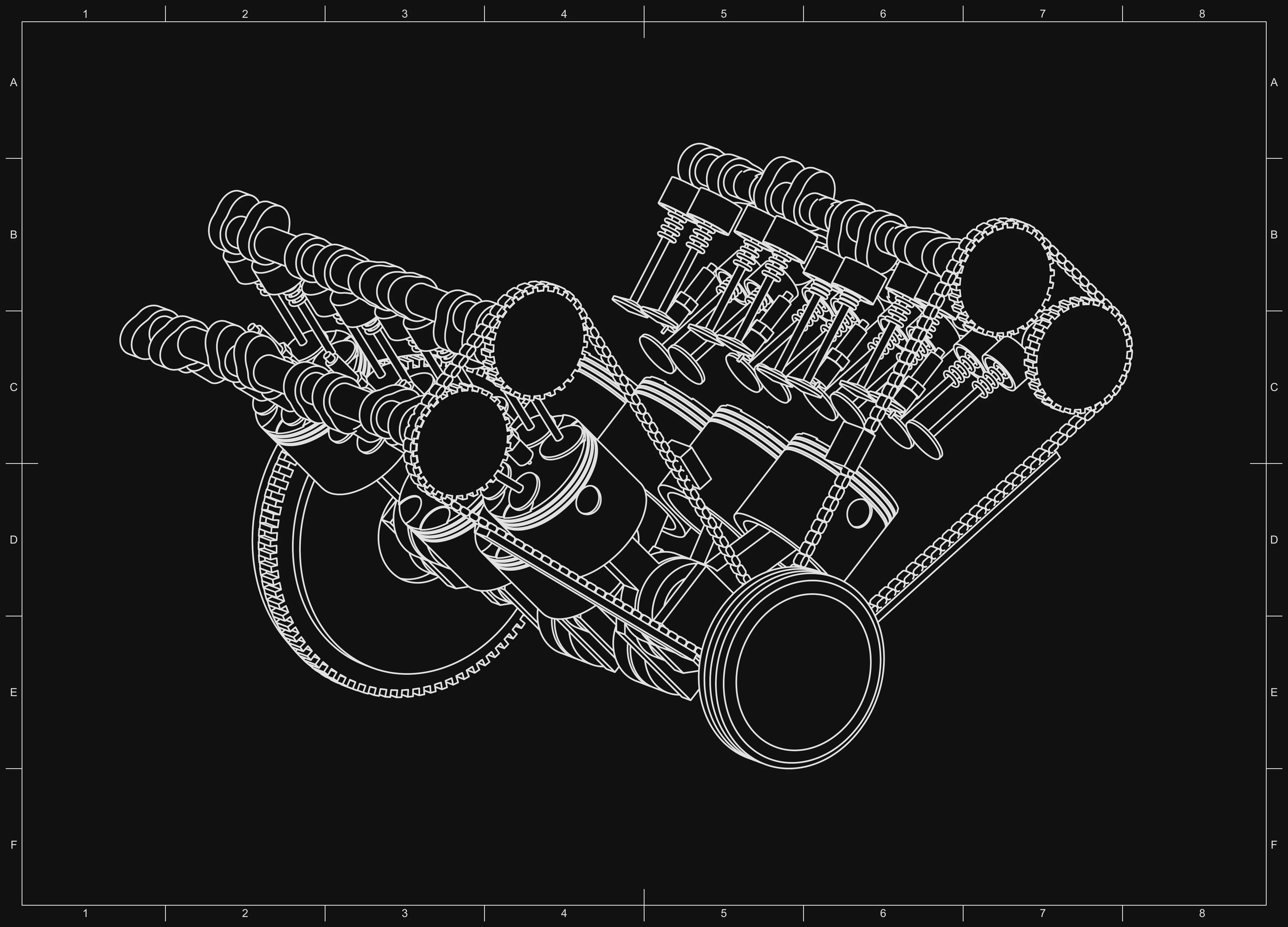 Engineering drawing of the complete flat-plane V8 mechanism in isometric projection, castings removed: crankshaft, connecting rods, pistons, four camshafts, 32 valves with springs and buckets, both timing chains, flywheel ring gear and damper, drawn as white linework on a dark sheet with zone markers