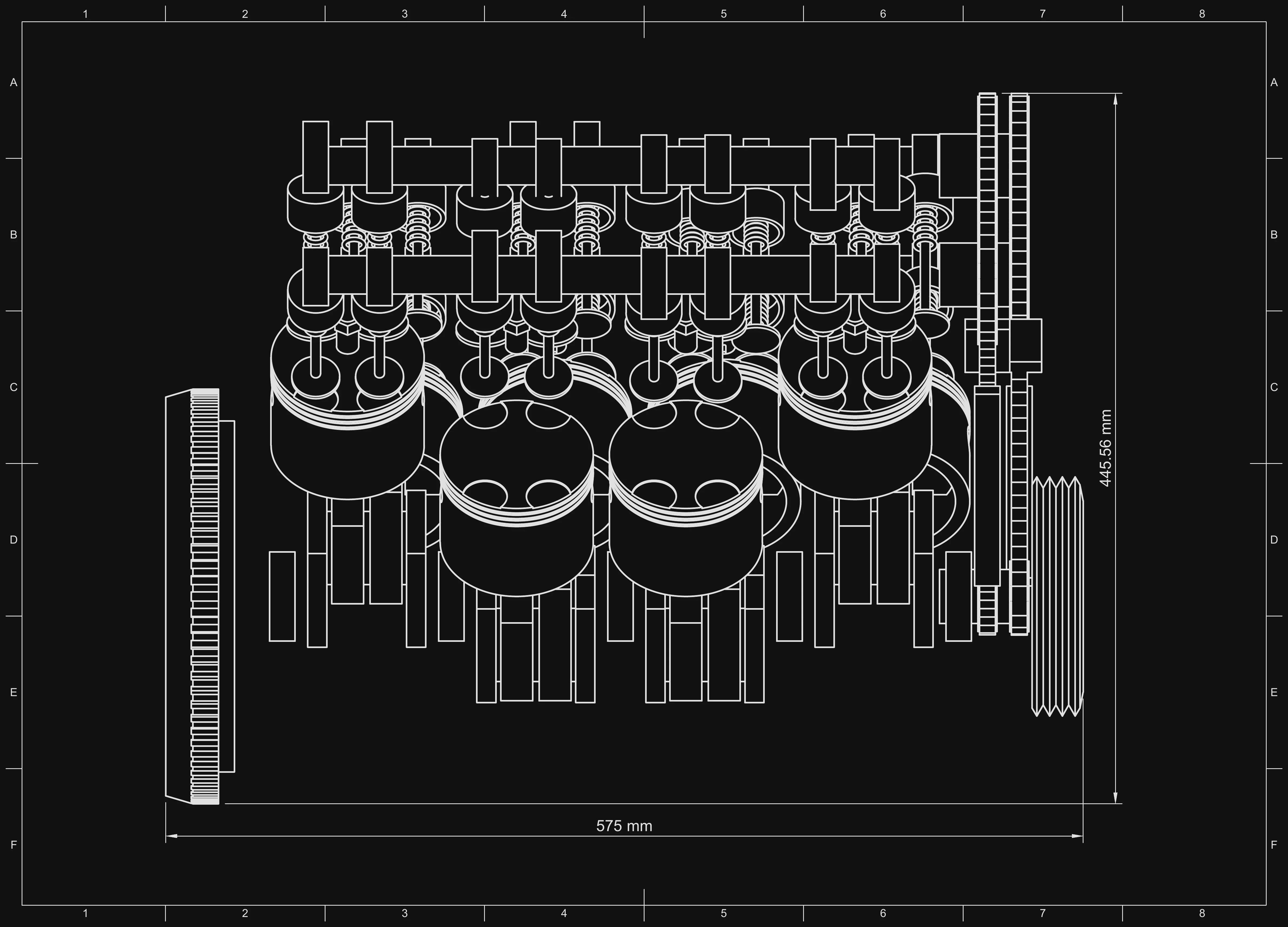 Side elevation sheet from the drawing set: both camshaft pairs above the valve rows, pistons on the crank, flywheel ring gear at one end and damper at the other