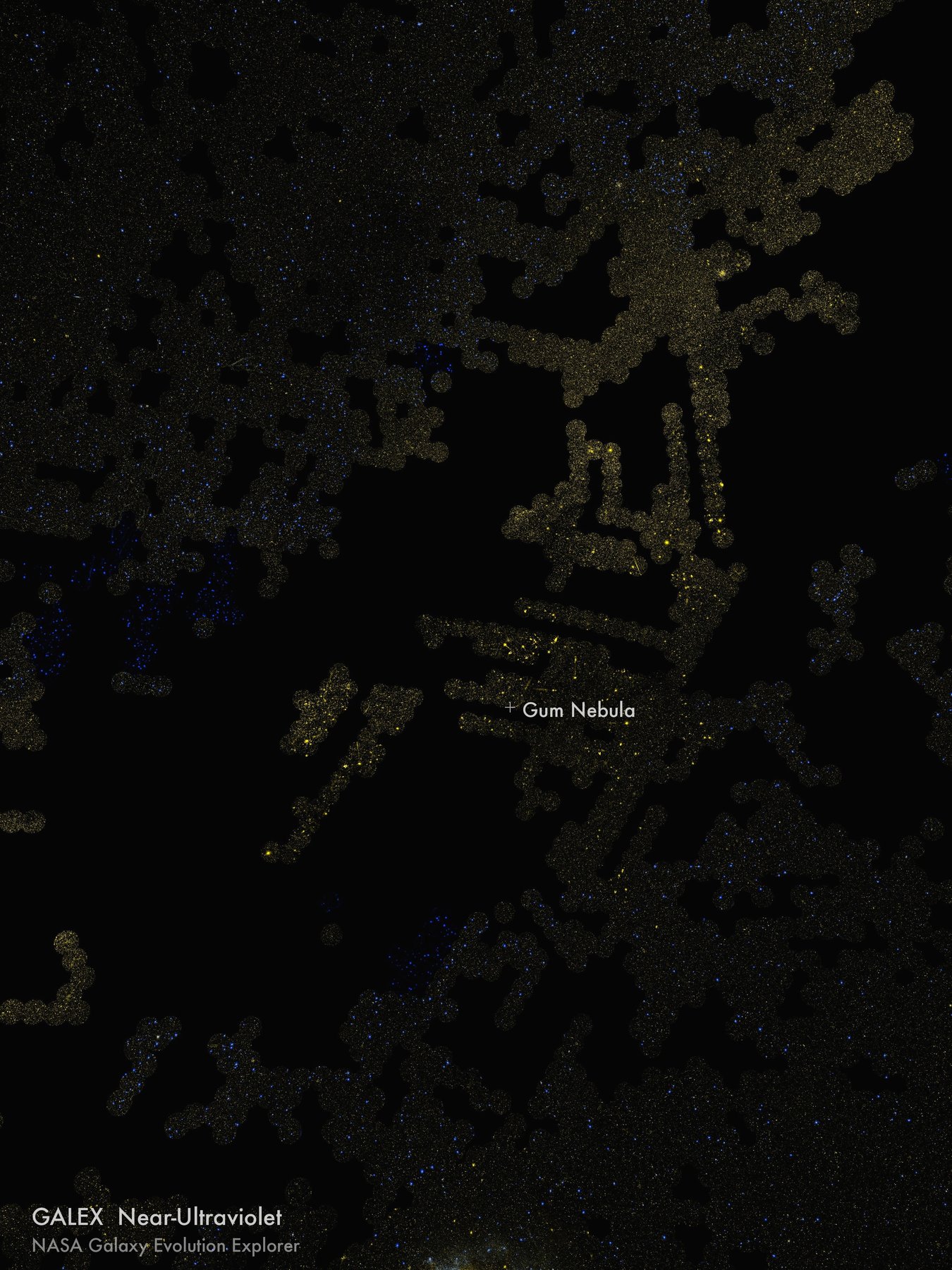 GALEX ultraviolet view of the same sky region, showing diffuse interstellar gas lit by hot nearby stars