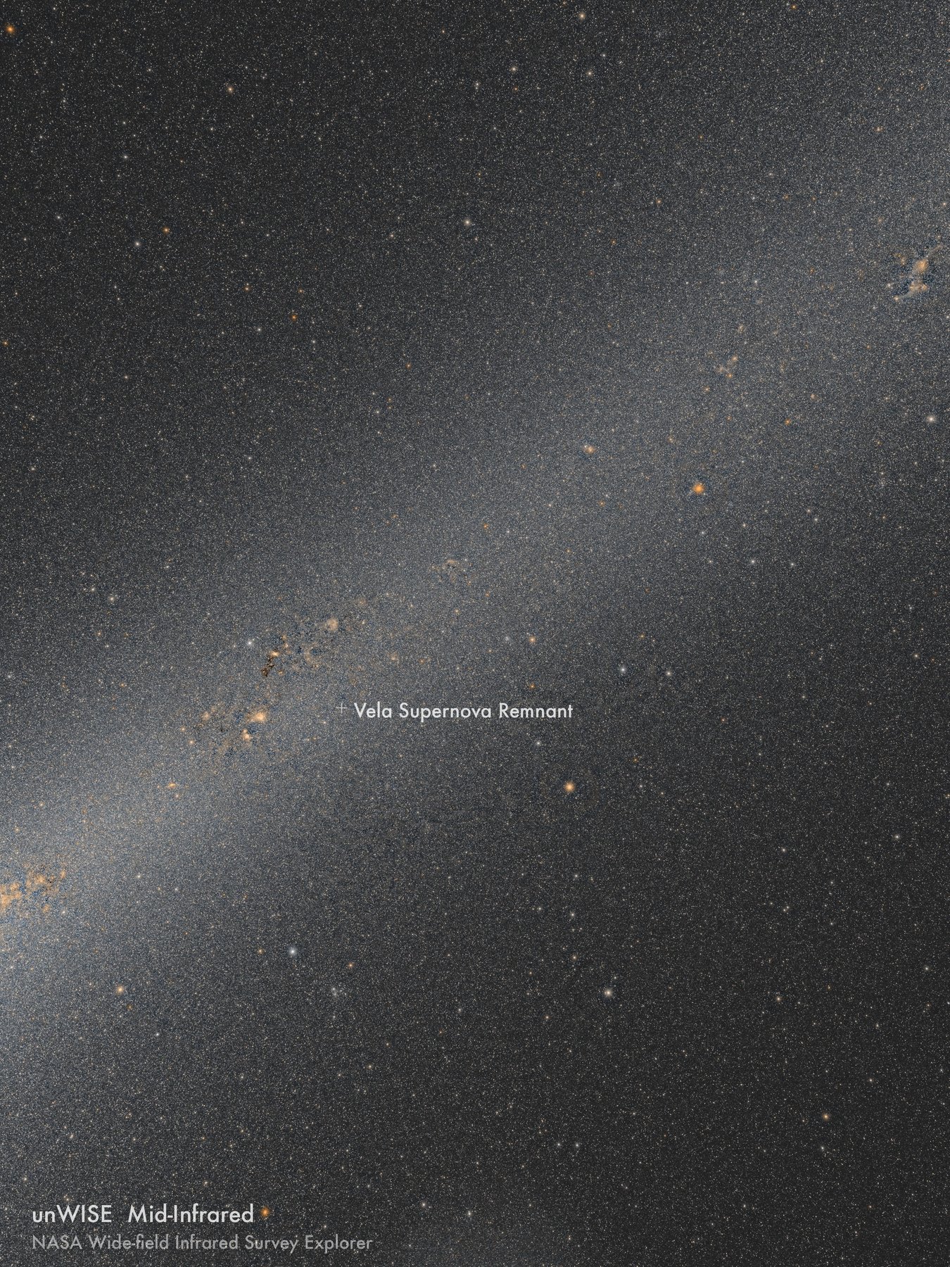 unWISE mid-infrared view of the same sky region, showing the Milky Way's dust disk as a diagonal band